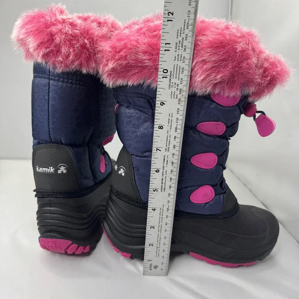 Kamik Snow Boots Kids Size 3 Navy Pink Faux Fur Winter Waterproof